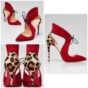 Christian Louboutin Red Suede Leopard Print Pony Hair Ferme Rouge Pumps